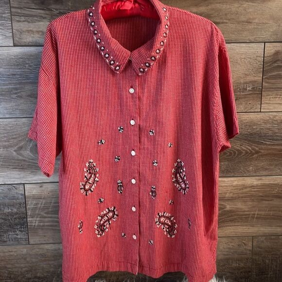 Cabin Creek Ladies Button Up Short Sleeves Top Blouse,Size 1X,Red,White & Black - Picture 2 of 7